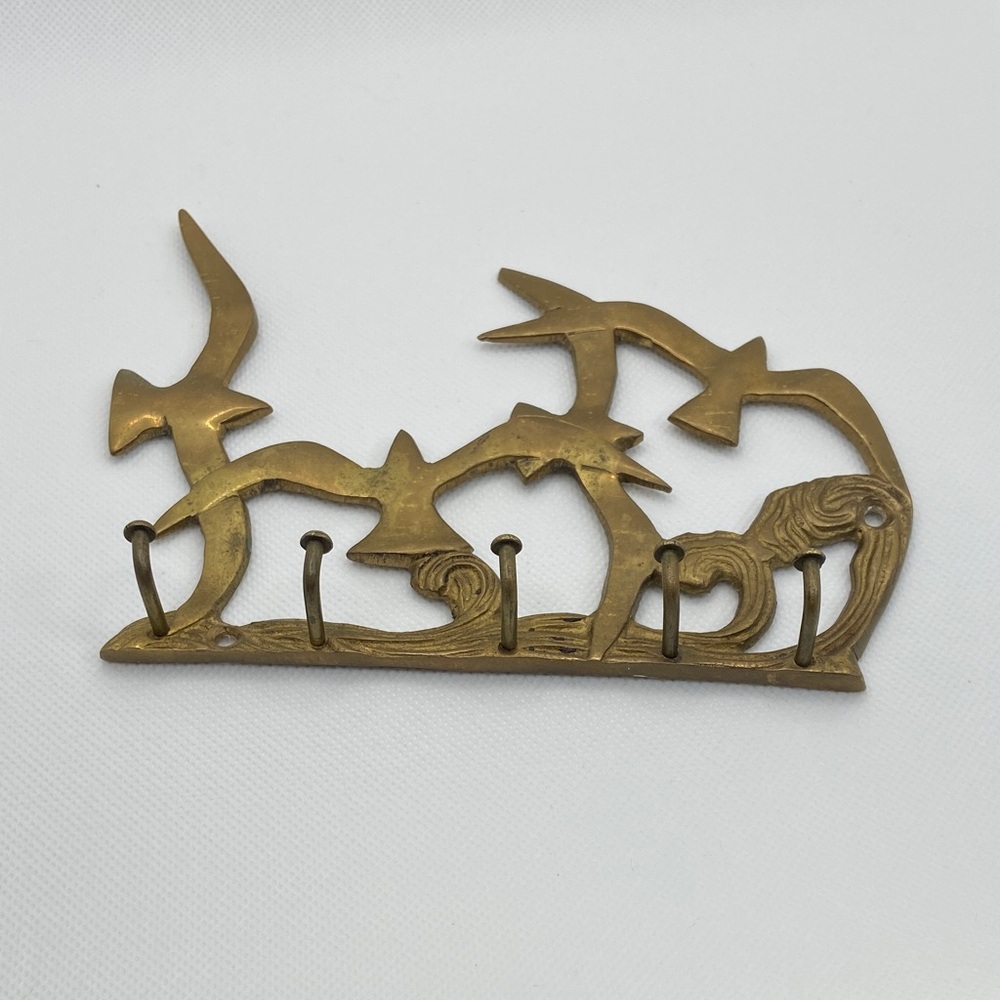 VTG Brass Gold Cottage Home Decor Flying Bird Wall Hanging with Five Hook